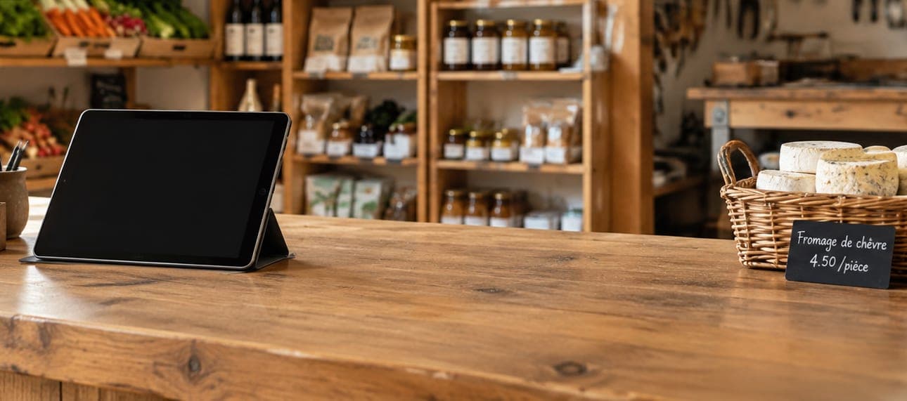 Le comptoir en bois d’un magasin de ferme, une tablette posée dessus, des étagères de produits derrière.