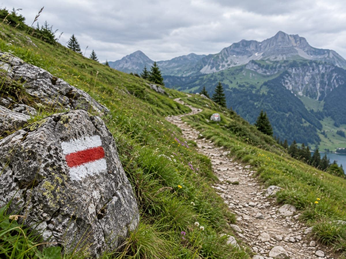 Un sentier de montagne balisé : une marque blanc-rouge-blanc au premier plan, une autre plus loin.