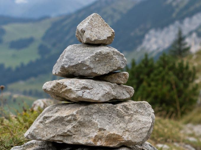 Gros plan sur les pierres empilées d’un cairn.