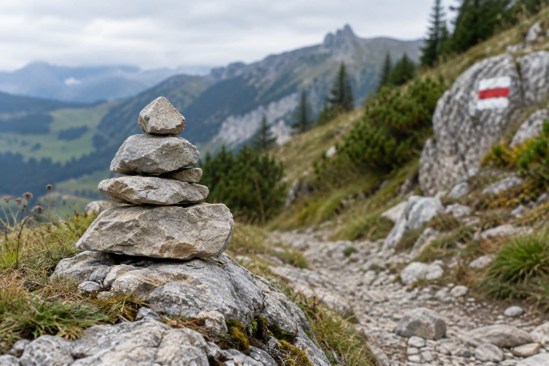 Un cairn sur un sentier des Préalpes, avec une balise blanc-rouge-blanc peinte sur un rocher.
