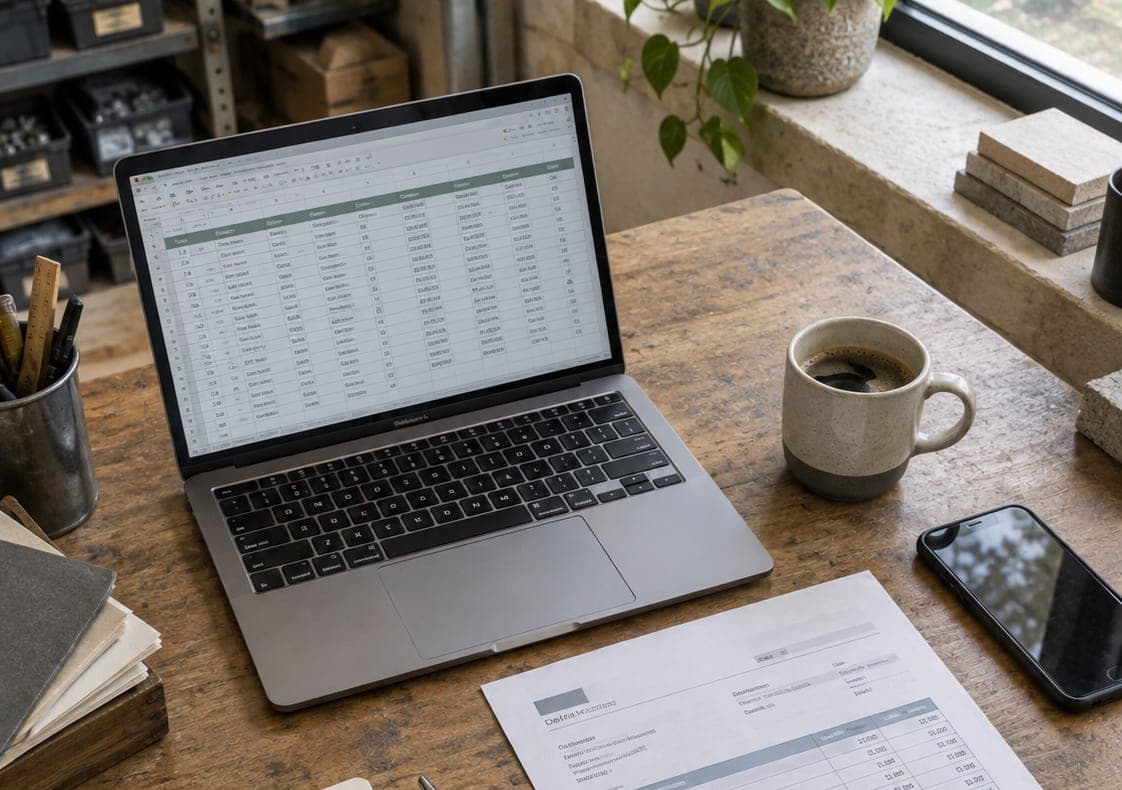 Un bureau d’atelier : un ordinateur ouvert sur un tableau, un bon imprimé, un café et un téléphone.