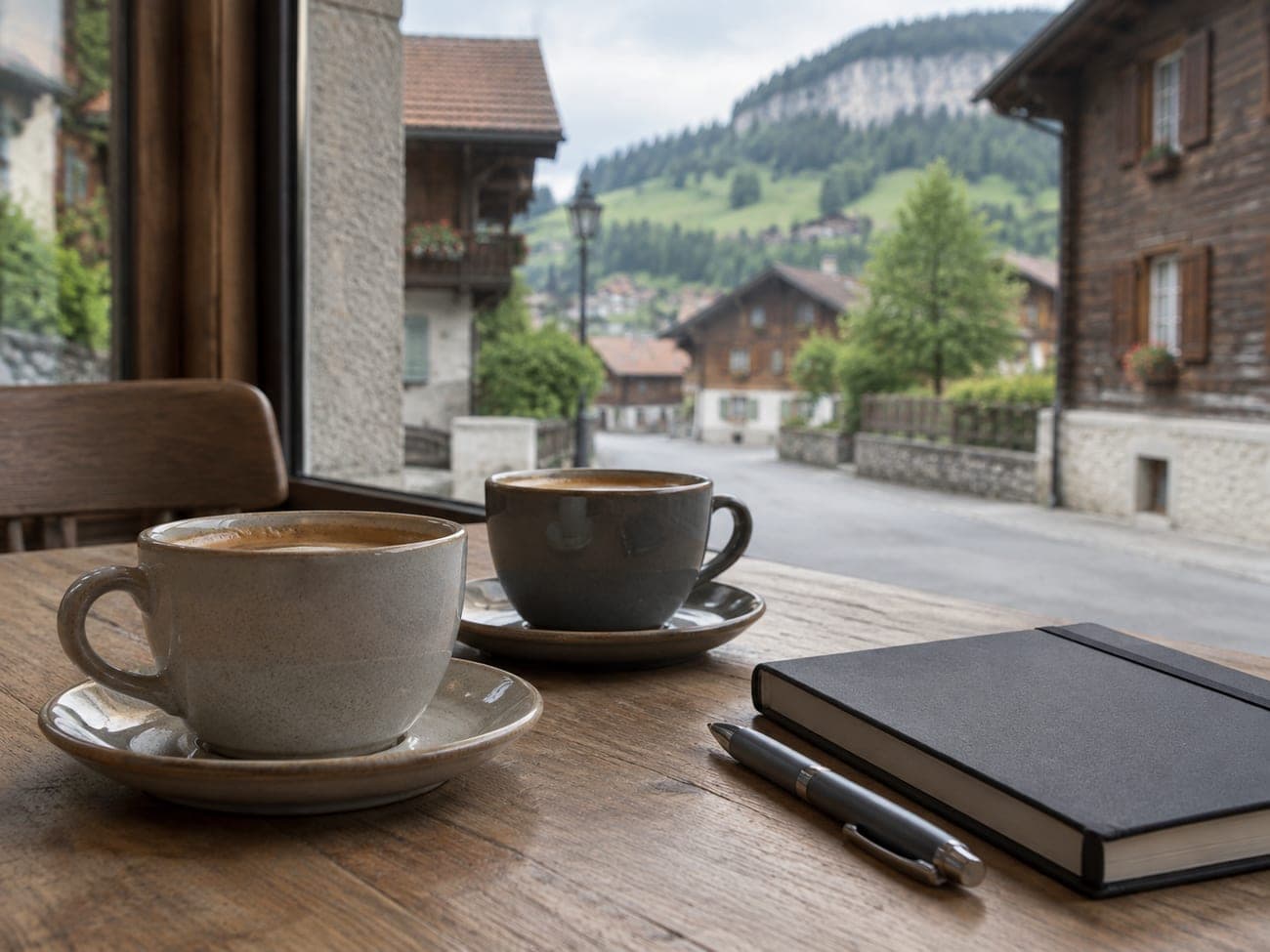 Deux tasses de café, un carnet fermé et un stylo sur une table en bois, près d’une fenêtre.