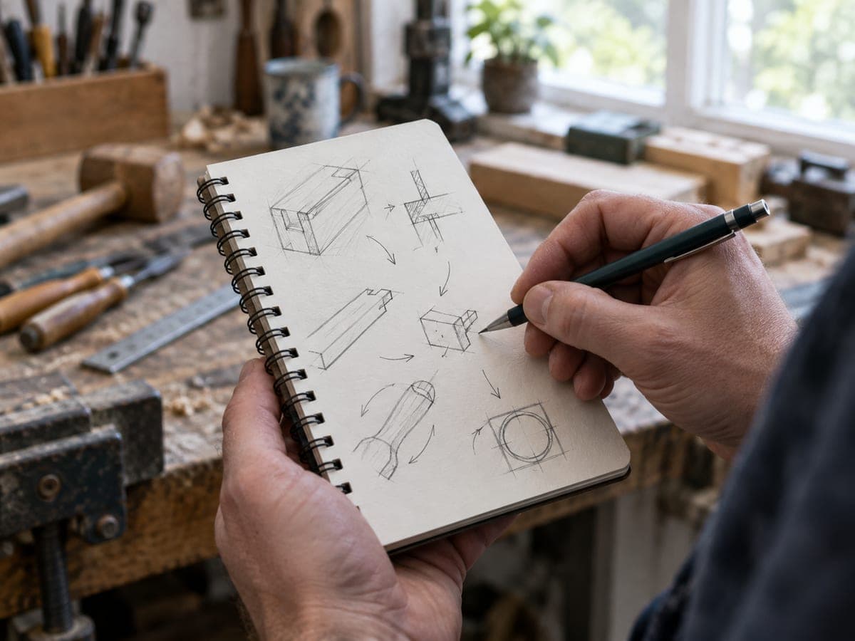Des mains tiennent un carnet de croquis au-dessus d’un établi d’atelier.