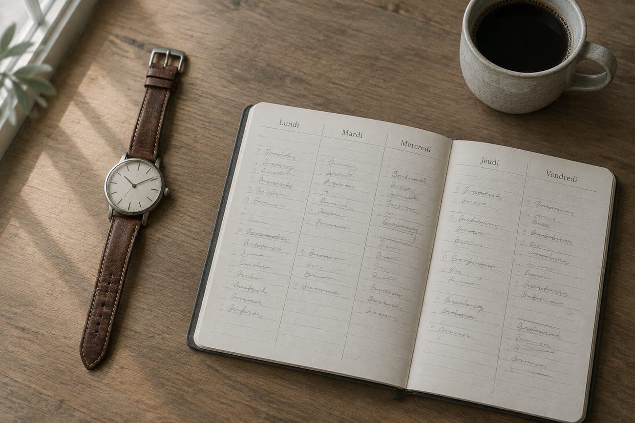 Une montre, un agenda de la semaine rempli au crayon et une tasse de café sur un bureau en bois.