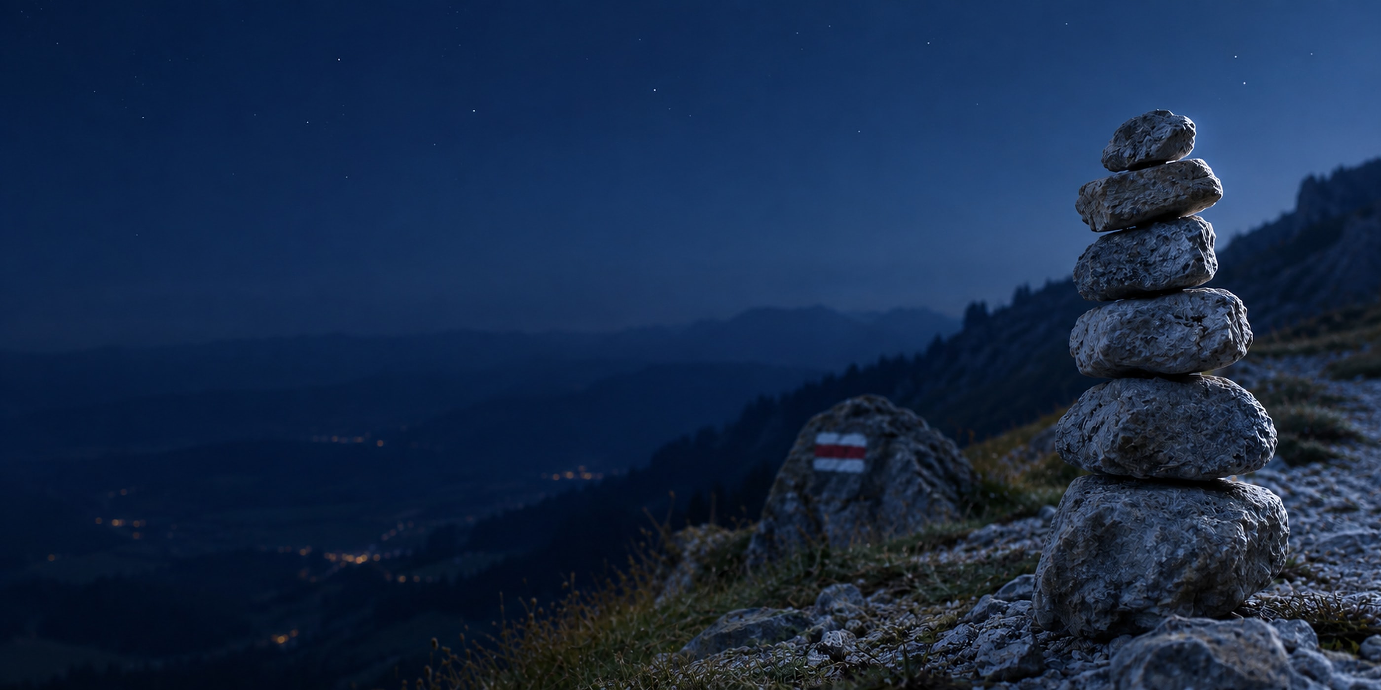 Le même cairn de nuit, au bord du sentier, près de la balise blanc-rouge-blanc.